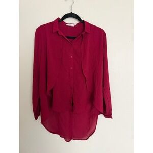 Lush Magenta Berry Layered Drape Front High Low Hem Button Down Blouse Small